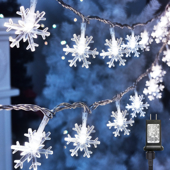 Twinkle Star 100 LED Christmas Snowflake String Lights, 49 FT Plug in Fairy Light Waterproof, Extendable for Indoor Outdoor Holiday Wedding Party, Xmas Tree, Year, Garden Decorations (White)