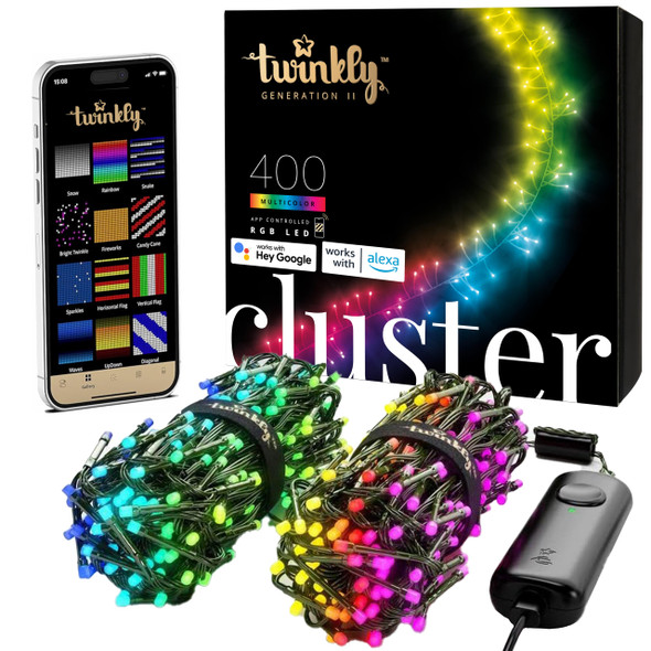 Twinkly Cluster 19.7ft RGB, Dense Strip of 400 LED Lights, in- and Outdoor Smart Multicolor LED Lights, Compatible Alexa and Google Home, Gaming Lights, IP44, App Mapping, Green Wire Twinkly Cluster 19.7ft RGB, Dense Strip of 400 LED Lights, in- and Outdoor Smart Multicolor LED Lights, Compatible Alexa and Google Home, Gaming Lights, IP44, App Mapping, Green Wire
