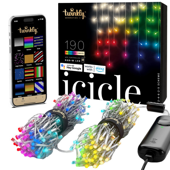 Twinkly Icicle – App-Controlled LED Christmas Lights with 190 RGB+W (16 Million Colors + Pure Warm White) LEDs. Clear Wire. Indoor and Outdoor Smart Lighting Decoration Twinkly Icicle – App-Controlled LED Christmas Lights with 190 RGB+W (16 Million Colors + Pure Warm White) LEDs. Clear Wire. Indoor and Outdoor Smart Lighting Decoration
