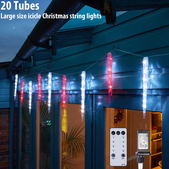 Red and White Icicle Christmas Lights for Outside, Christmas Lights Indoor Outdoor Hanging with 20 Large Tubes, 29FT 8 Modes with Timer, Connectable Meteor Shower Lights for Candy Cane Them Decoration