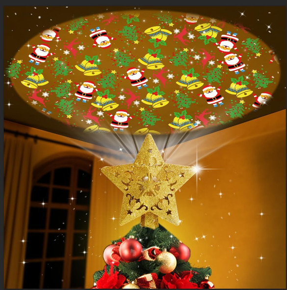 Star Christmas Tree Topper Lighted with Built-in Rotating LED Projector, Gold Glitter Starburst Tree Top Projection of 4 Dynamic Images for Christmas Tree Home Office Party Decor Ornament
