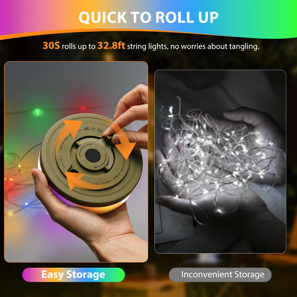 Camping String Lights, 32.8FT Rechargeable 6 Modes Christmas Tree Lights 3 in 1 Quick Storage Waterproof Tent Fairy Lights for Camping,Bedroom,Yard,Party,Christmas Outdoor Indoor Decor (Multicolor)