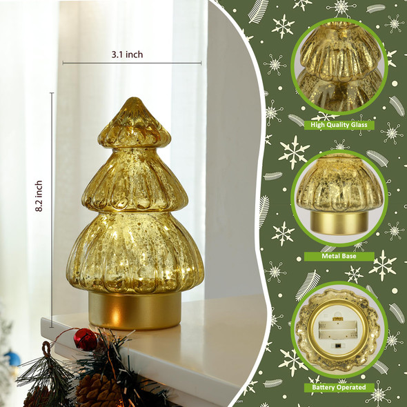 Glass Christmas Tree - Small Battery Operated Desk Lamp with Timer, Tabletop Christmas Tree Decoration Indoor, Glass Xmas Cordless Table Lamp for Bedroom College Dorm Room Christmas Decor Gold