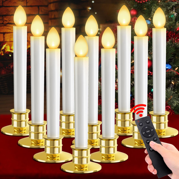 10 Pack Christmas Window Candles Lights Flameless Candles Battery Operated Candles with Remote Control Timer Gold Holders LED Candles for Party Thanksgiving Xmas Table Top Window Christmas Decorations