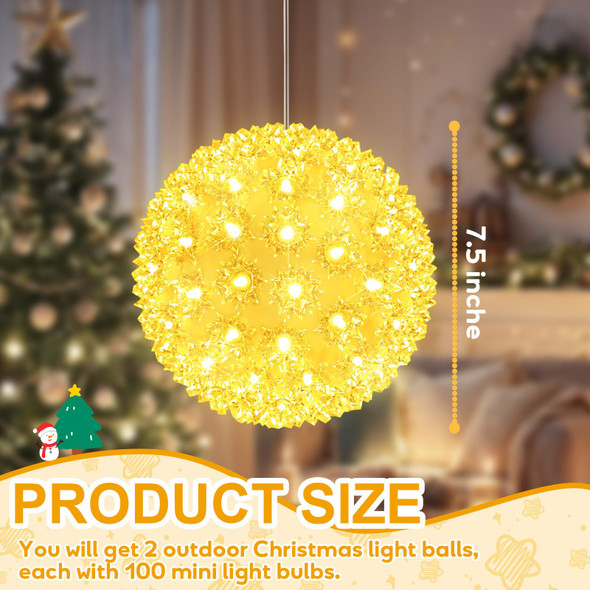 7.5'' Christmas Star Light Sphere: 2PCS Waterproof 100 LED Hanging Light Ball - Sphere Christmas Lights - Outdoor Christmas Decorations - Hanging Lights Warm Color Patio Tree (Warm White)