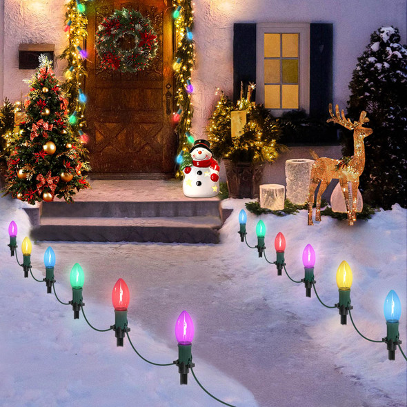 45Ft C9 Led Christmas Pathway Lights Outdoor, 30 Multicolor Bulbs Waterproof Connectable Christmas Walkway Lights with Stakes for Yard Lawn Sidewalk Driveway Christmas Decorations