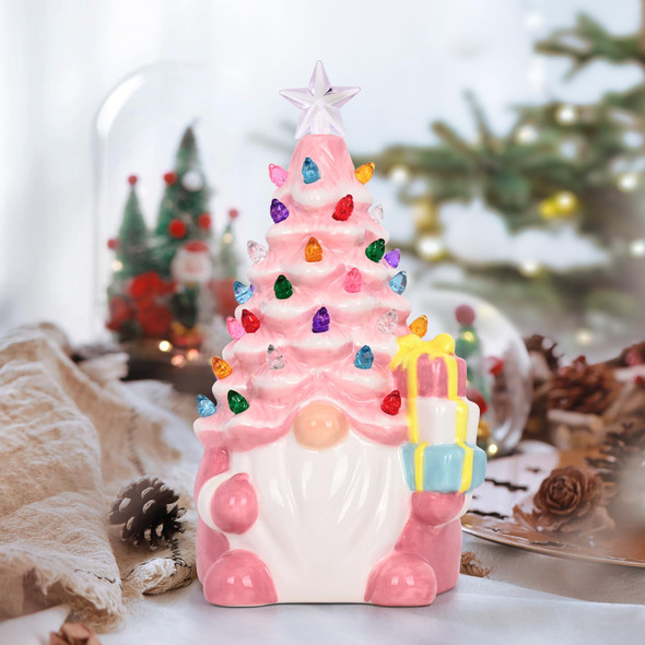 Uspring Ceramic Christmas Tree Christmas Gnomes 8'' Lighted Up Gnome Christmas Tree Table Top Christmas Trees with 46 Lights, Gnome Christmas Decorations for Home Room Fireplace (Pink)