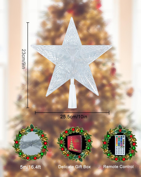 Christmas Star Tree Topper with 128 Light Flashing Modes, Remote Control, 9 Inch Christmas Tree Topper LED Light for Indoor Office Xmas Year Christmas Tree Decorations