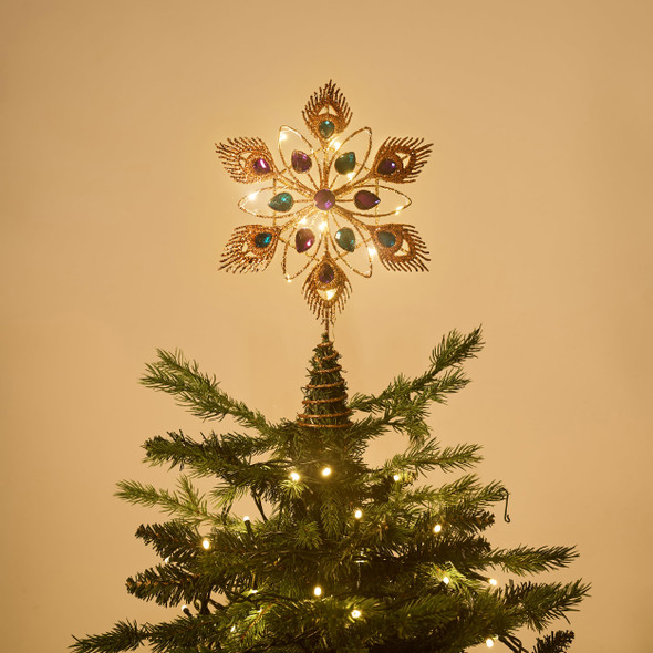Valery Madelyn Lighted Christmas Tree Topper Star with Timer for Tree Decorations, 13 Inch Copper Gold Metal Star Tree Topper Snowflake Peacock Feather Jewel with Lights for Home Party Indoor