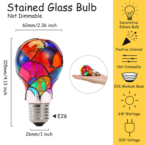 Stained Glass LED Light Bulb, E26 Base 6W A19/A60 LED Colorful Bulb for Party Lighting, Bedside Lamp, Festive Atmosphere, Christmas Halloween Decoration, Non-Dimmable, 2 Pack Stained Glass LED Light Bulb, E26 Base 6W A19/A60 LED Colorful Bulb for Party Lighting, Bedside Lamp, Festive Atmosphere, Christmas Halloween Decoration, Non-Dimmable, 2 Pack