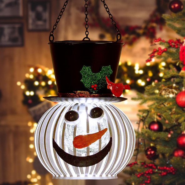 Christmas Snowman Solar Lanterns Outdoor Waterproof Hanging Solar Lantern Metal Decor Snowman Lantern Lamp with Glass Ball Solar Lights for Garden Yard Patio Decor(15.7” H 5.9” W)