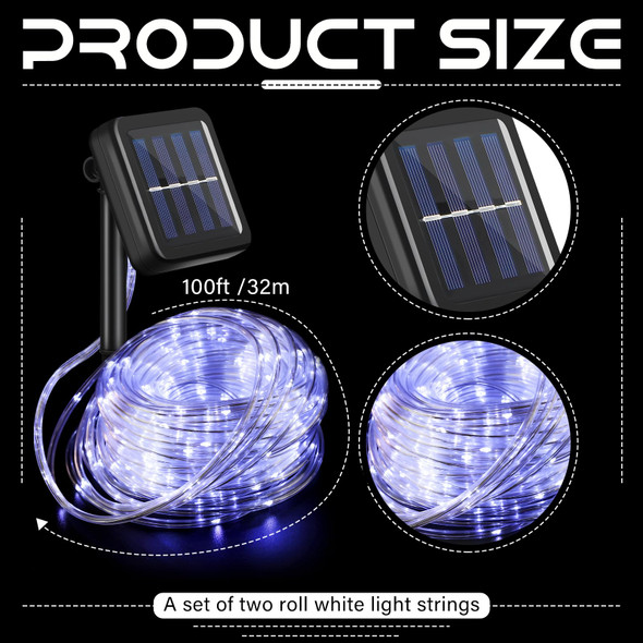 VIHOSE 2 Pcs Each 100ft 300 LED Solar Rope Lights Outdoor Waterproof Camping, 8 Modes String Light Clear PVC Tube Lighting for Party Garden Yard Wedding Christmas Halloween Tree Decor (White)