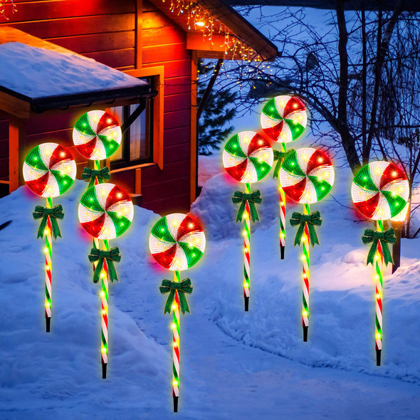 VIHOSE 8 Pcs Lollipop Christmas Pathway Lights Outdoor Led Waterproof Peppermint Outdoor Christmas Decorations with Bows Candy Cane Landscape Path Lights with 8 Modes for Garden Yard Patio, 27.5 Inch