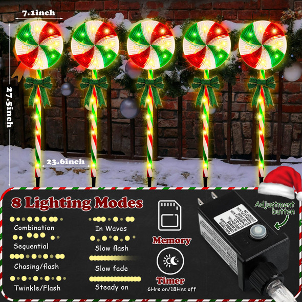 VIHOSE 8 Pcs Lollipop Christmas Pathway Lights Outdoor Led Waterproof Peppermint Outdoor Christmas Decorations with Bows Candy Cane Landscape Path Lights with 8 Modes for Garden Yard Patio, 27.5 Inch