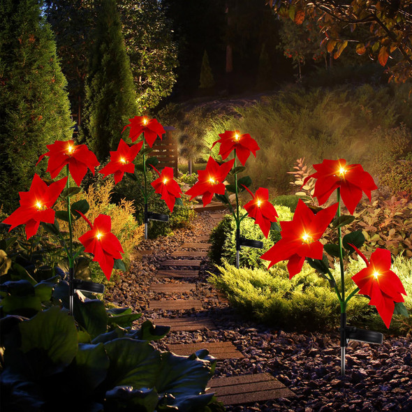 VIHOSE 4 Pieces Christmas Solar Poinsettia Stake Flowers Lights Waterproof Trees Pathway Lights Poinsettia Garden LED Lights Outside Decorations for Pathway Yard Garden Lawn Outdoor Decorative