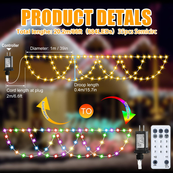 VIHOSE Christmas String Lights Outdoor Indoor 66ft 684 LED Color Changing Warm White&Multicolor with Remote Waterproof Lights Plug in for Roof Window Home Party Halloween Holiday Decor