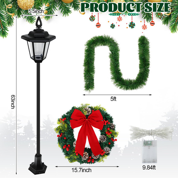 VIHOSE 63" Christmas Solar Lamp Post Vintage Christmas Street Lamp with 60 Inch Garland and Red Bow Artificial Wreath Warm White LED Lights for Holiday Winter Indoor Outdoor Patio Porch Sign Decor