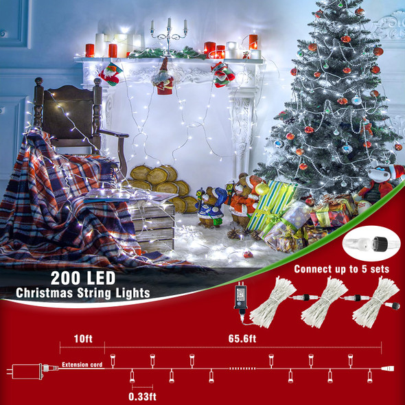 66ft 200 LED Christmas String Lights Indoor Outdoor - White Christmas Lights Outdoor Clear Wire Waterproof, 8 Modes Connectable Fairy String Lights Plug in for Bedroom Room Wedding Decorations