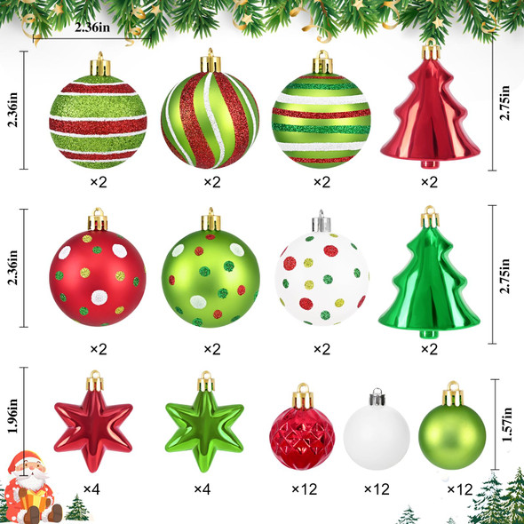 60Pcs Christmas Tree Decorations, Christmas Ball Ornaments, Red and Green Christmas Ornaments, 2.4IN White Christmas Ornaments Set, Glittering Hanging Decor for Xmas Tree Topper Holiday Decorations