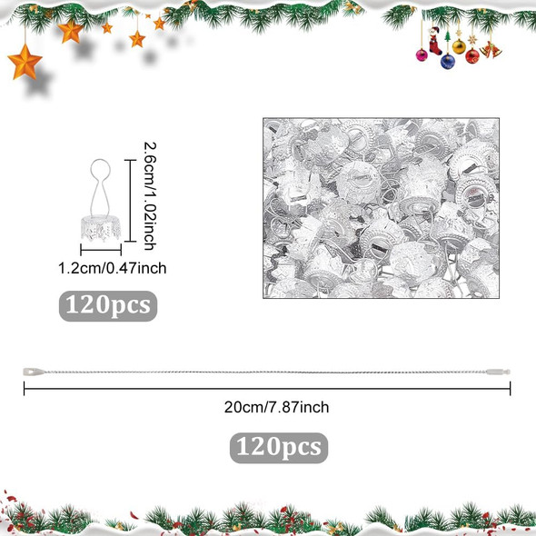 WEBEEDY 120pcs Ornament Topper Caps Round Christmas Ornament Caps Silver Ornament Hanger Replacement with Hanger Strings Set for Christmas Tree Decorations