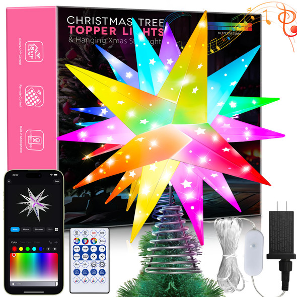 Smart 13" Moravian Star Tree Topper Lighted - 54 LED 3D Foldable Christmas Star Tree Topper with Lights, App Control Music Sync Top LED Tree Top with Remote Indoor Outdoor Decoration (Hollow Stars)