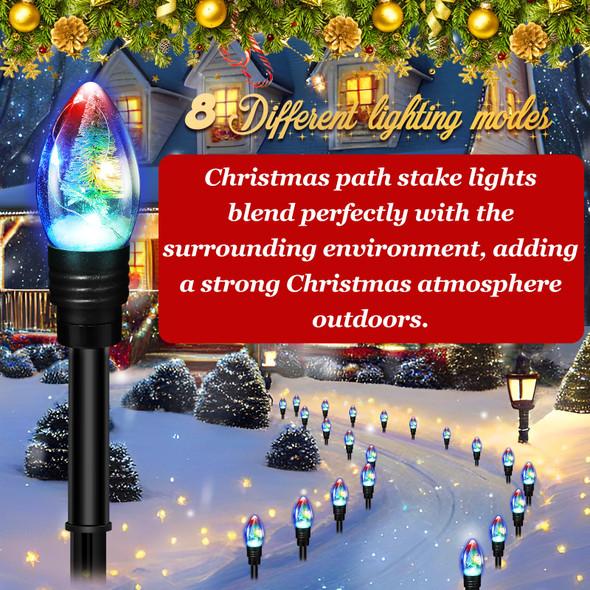 2 Pack Christmas Pathway Stakes Lights 62 Ft 40 Bulbs Solar Outdoor Christmas Lights Colorful Flickering Led String Lights with Tree Xmas Sidewalk Decoration for Path Driveway Yard Garden
