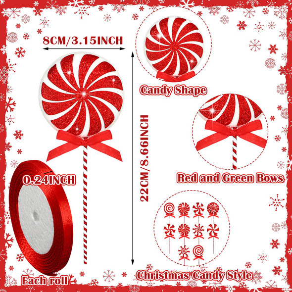 Wettarn 10 Pcs Christmas Picks for Tree, 8.7 Inch Christmas Lollipop Candy Picks Christmas Tree Picks with Ribbon Christmas Tree Decorations for Xmas Tree Topper Home Vase Party Ornaments(Red)