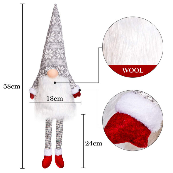 Whaline Christmas Tree Topper Large Swedish Tomte Gnome Santa Ornament 23 Inch Plush Scandinavian Christmas Hanging Decoration with Gray Snowflake Hat And Legs for Xmas Party Home Fireplace Table