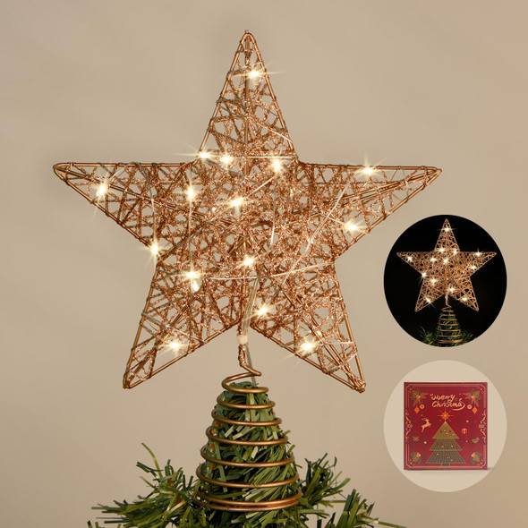 Rose Gold Christmas Tree Topper, 10 INCH Rose Gold Wire Glitter Tree Top, 20 LED Lights Glittered Metal Christmas Decorations, Xmas Ornaments Topper Holder for Christmas Tree Home Decoration