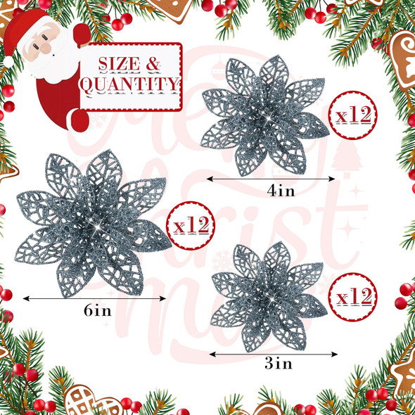 WILLBOND 36 Pieces Christmas Poinsettia Flowers Artificial Ornaments Glitter Christmas Decorations Tree Wedding Year(Dusty Blue)