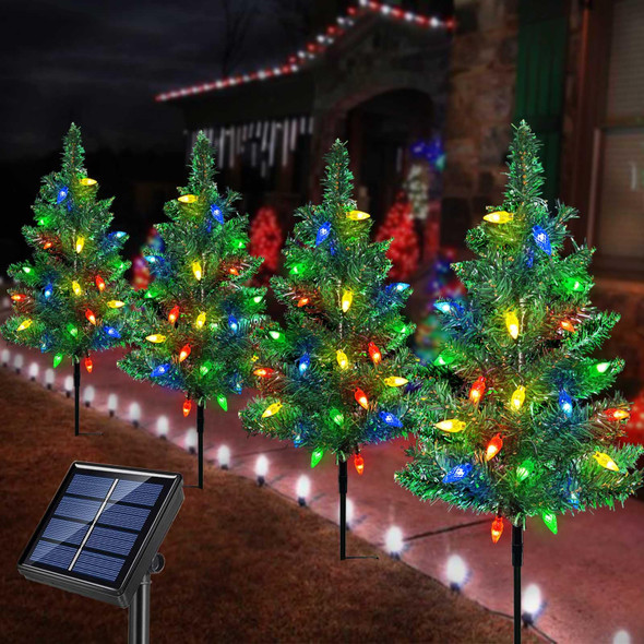 d 4-Pack Solar Christmas Garden Stake Lights, Decorative Xmas Tree Solar Christmas Yard Stake Outdoor Waterproof Christmas Pathway Lights for Christmas Decoration Garden Patio Yard