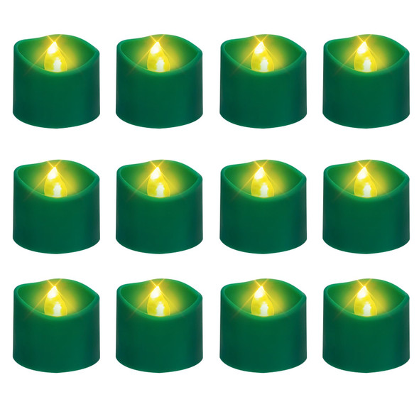 Green Base Warm White Flickering Flame Tea Lights, 6H Timer/Curved Edge Design, Battery Operated LED Flameless Tealight Candles for Party, Christmas and Holiday, Pack of 12