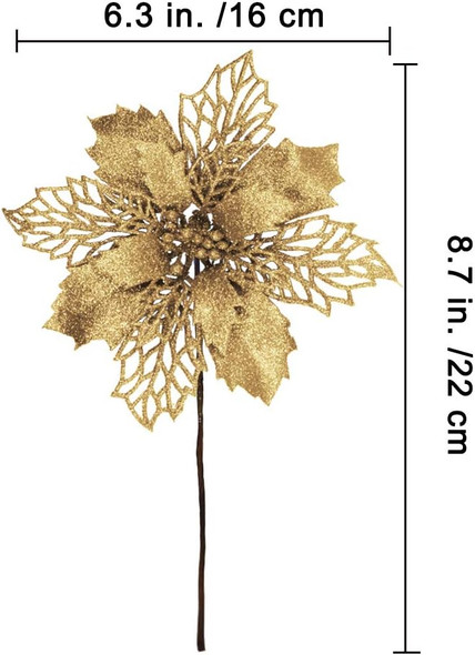 24 Pcs Christmas Gold Glittered Mesh Holly Leaf Artificial Poinsettia Flowers Picks Tree Ornaments 5.9" W for Gold Christmas Tree Wreath Garland Floral Winter Wedding Holiday Decoration