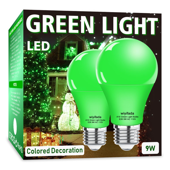2 Pack A19 LED Green Light Bulbs,110V E26 Christmas Green LED Lights 9W Replace up to 100W, Colored Light Bulbs for St. Patrick's Day, Porch Light, Party Decoration, Holiday Lighting