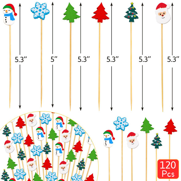 Christmas Cocktail Picks 120Pcs Christmas Food Picks Decorative Toothpicks Santa Snowman Snowflake Appetizers Fruit Skewers Sticks for Appetizers Party Supplies