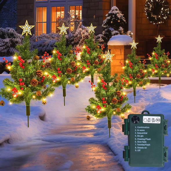 6Packs 35.4inch Lighted Christmas Trees for Outdoor Yard Decorations Battery Powered Christmas Trees with Timer, Waterproof Xmas Tree with Stakes, Red Cones, Pines, Pathway Lights for Lawn (6)