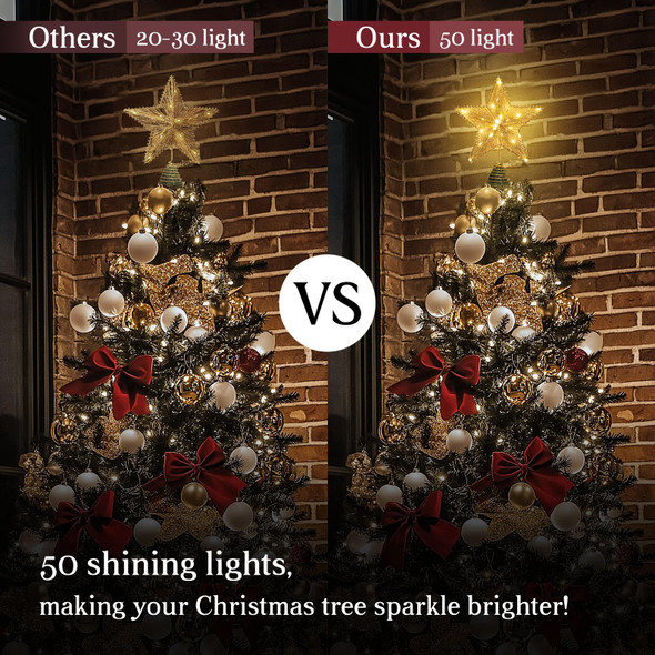 Christmas Star Tree Topper, Christmas Tree Topper with 50 Warm White LED Lights, Tradition Tree Topper Star for Home Holiday Xmas Tree Christmas Decor, Glitter Gold