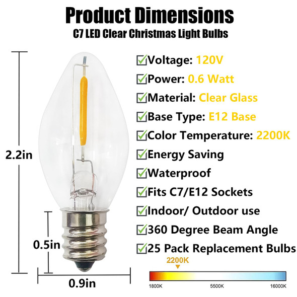 C7 LED Christmas Replacement Bulbs, 25 Pack C7 Clear Christmas Light Bulbs for Christmas Outdoor String Lights, E12 LED Light Bulbs for Night Light Candle Chandelier Christmas Lights, 0.6W Warm White