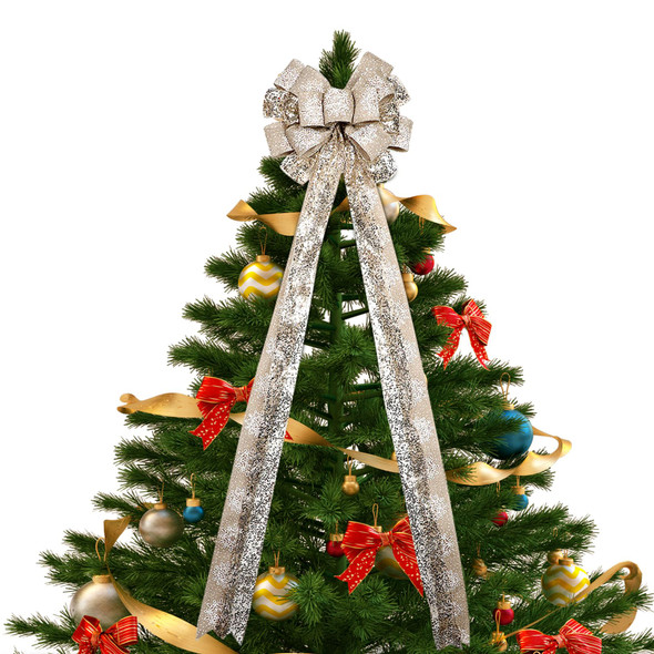 Christmas Tree Topper, 44.5 x 13 Inches Handmade Christmas Tree Topper Bow with Snowflake Large Champagne Bow with Wired Edge for Holiday Indoor & Outdoor Decoration