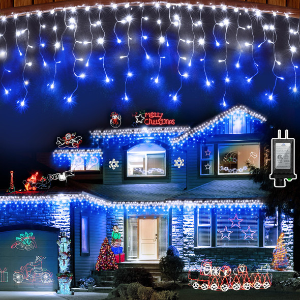 648 LED Outdoor Christmas Lights with 144 Drops, 66ft Christmas Fairy Lights with 8 Modes Timer, Christmas Twinkly Lights IP44 Waterproof for Eaves Yard Holiday Wedding Party Decor(Blue & Cool White)