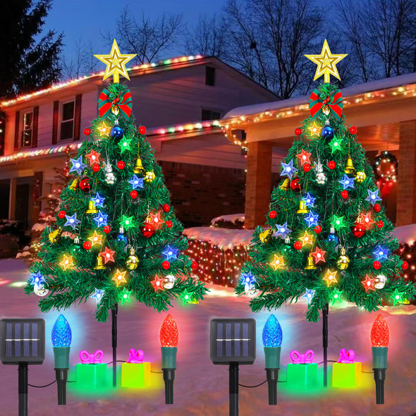 Solar Christmas Tree Lights,30inch Solar Christmas Path Lights with Star Topper,2 Pack Outdoor Christmas Tree Solar Garden Lights with Decors and Star for Garden Pathway Cemetery Decor