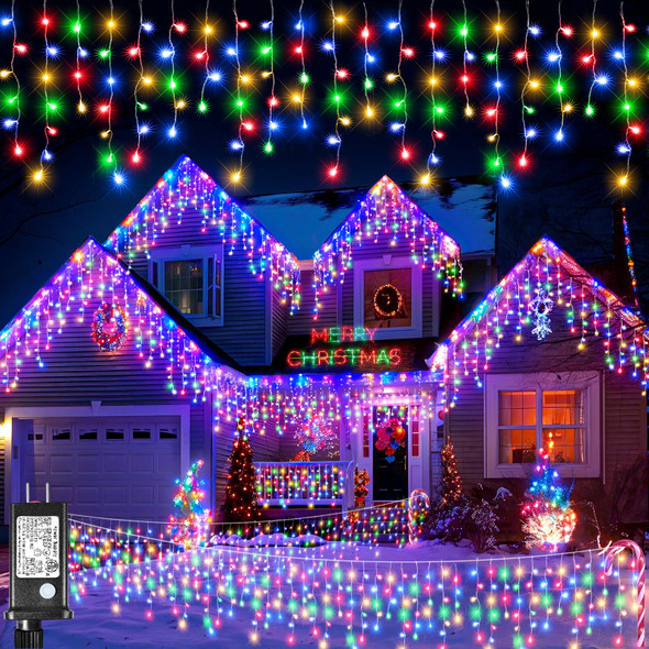33FT 400 LED Christmas Lights Outdoor, Icicle Lights Indoor with 8 Modes 75 Drops, Waterproof Plug in Curtain String Lights for Outside House Patio Party Holiday Decorations, Multicolor 33FT 400 LED Christmas Lights Outdoor, Icicle Lights Indoor with 8 Modes 75 Drops, Waterproof Plug in Curtain String Lights for Outside House Patio Party Holiday Decorations, Multicolor