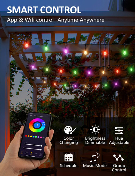 XMCOSY+ Outdoor String Lights, Smart 98Ft RGBW Patio Lights Waterproof, App Control, Work with Alexa, Color Changing LED String Light for Outside Yard