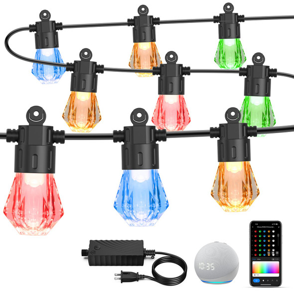 XMCOSY+ 96FT Smart Outdoor String Lights - RGBCWIC Dimmable Acrylic Bulbs, Color Changing LED Patio Lights APP WiFi Control, Work with Alexa, IP65 Waterproof Outdoor Lights for Backyard Porch XMCOSY+ 96FT Smart Outdoor String Lights - RGBCWIC Dimmable Acrylic Bulbs, Color Changing LED Patio Lights APP WiFi Control, Work with Alexa, IP65 Waterproof Outdoor Lights for Backyard Porch