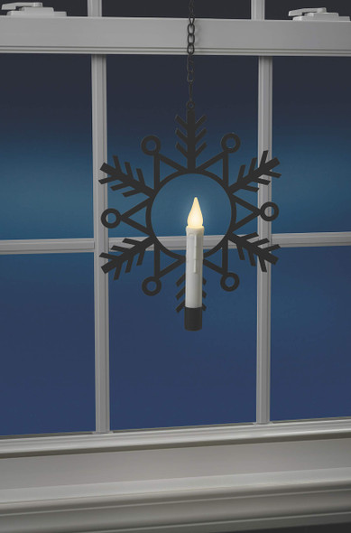 CW1500A Battery Powered Metal Snowflake Window Wreath with Warm White Flickering Flameless Candle Light and Automatic Timer, Black and White, Single