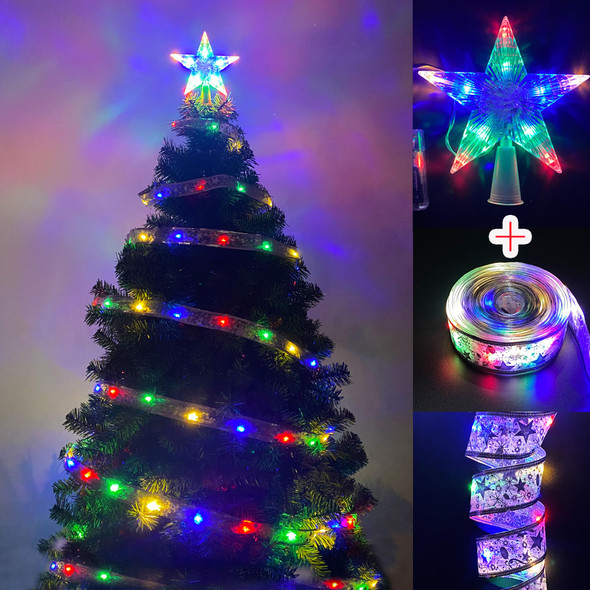 32.8FT 100LED Ribbon Christmas Lights + 7 Inch Christmas Star Tree Topper, Battery Powered Copper Wire Ribbon Bows Lights, Fairy String Christmas Tree Lights for Xmas/Holiday/Winter Home Decorations
