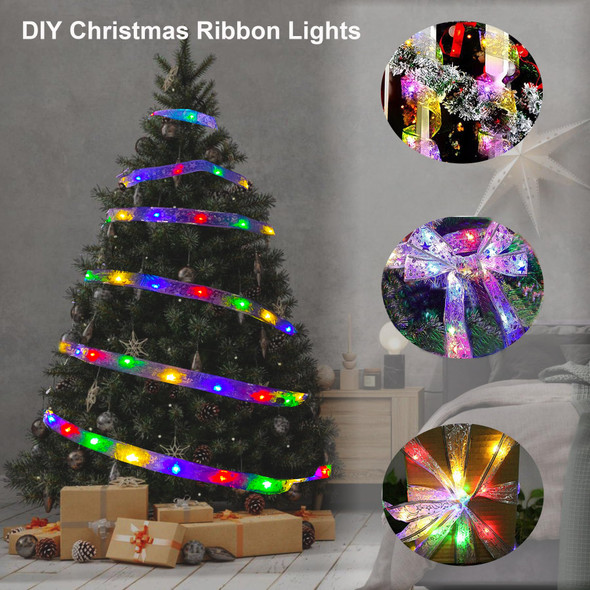 32.8FT 100LED Ribbon Christmas Lights + 7 Inch Christmas Star Tree Topper, Battery Powered Copper Wire Ribbon Bows Lights, Fairy String Christmas Tree Lights for Xmas/Holiday/Winter Home Decorations