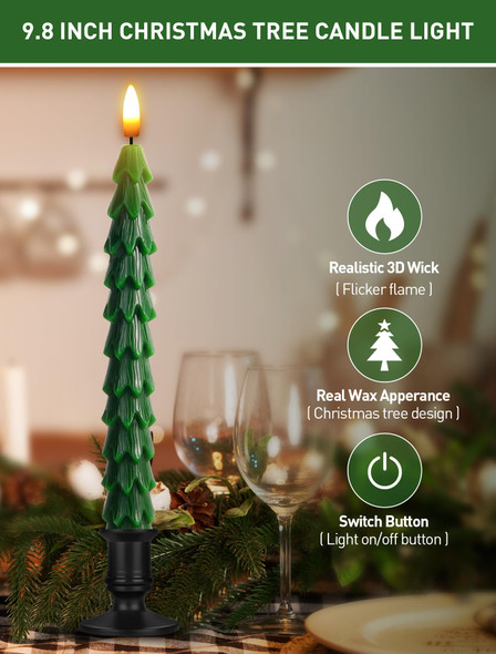 Christmas Tree Candles with Remote, 9.8 Inch Waxy Flameless Taper Candle, 4Pcs LED Battery Operated Window Candlesticks with Holder, 3D Flame Flickering Light with Timer for Christmas Decorations