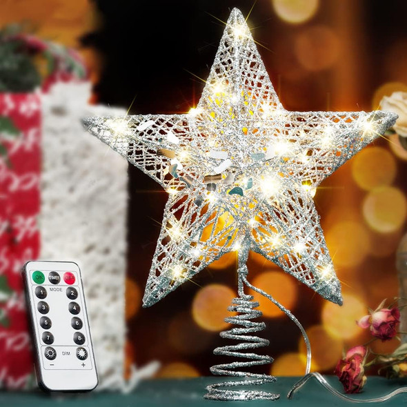 YAUNGEL Christmas Tree Topper, Star Tree Topper with 40 LED and Remote Control Battery Operated Warm Lights Treetop Christmas Decorations, Indoor Home Decor, 10IN Silver