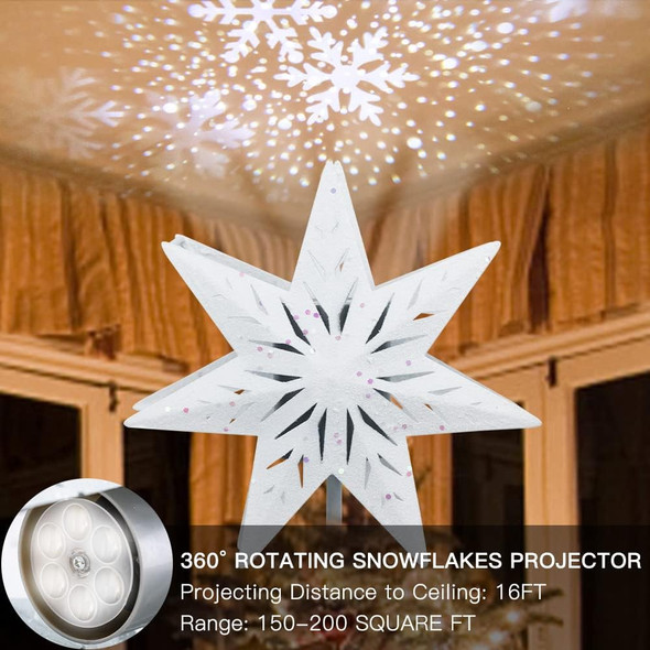 YEAHOME Christmas Tree Topper, 3D Lighted White 7-Point Star Tree Topper with Snow-White Snowflake Projector for Christmas Treetop, Lights Xmas Tree Topper for Christmas Tree Decorations
